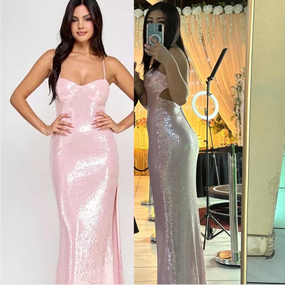Elegant Pink Juniors Sequin Sweetheart Open Back Gown from Emerald Sundae